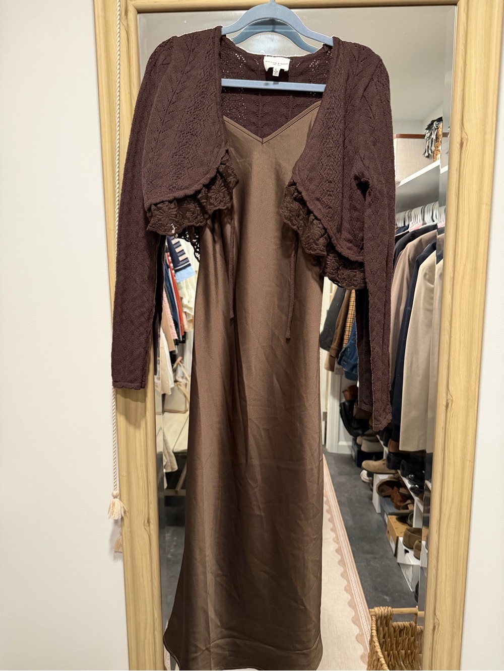 Brown Slip Dress with Cropped Knit Cardigan - Women